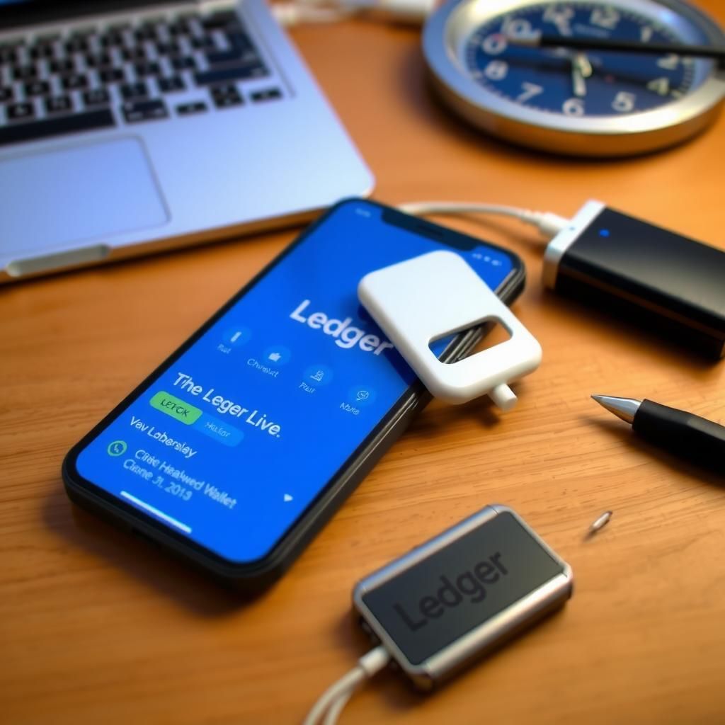 Ledger Live app on a smartphone with Ledger hardware wallet and other items on a desk